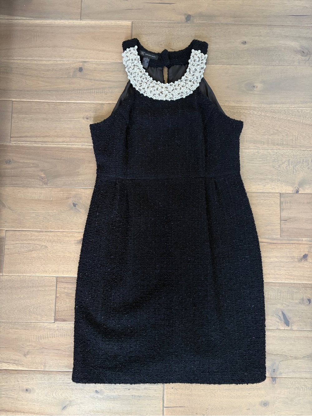 INC International Concepts Black Wool Blend Tweed Dress with Pearl Neckline US8